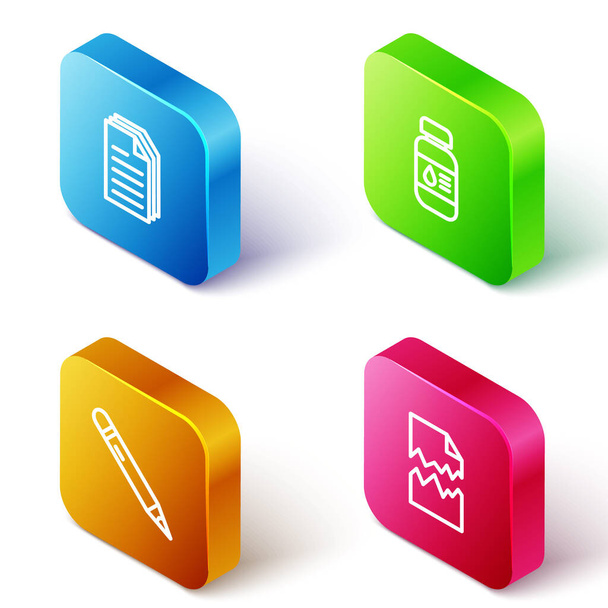 Set Isometric line File document, Printer ink bottle, Pencil with eraser and Torn icon. Vector - Vector, Image