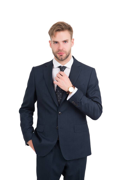 all must be perfect. ceo has successful business. modern formal style. handsome businessman in suit. male office fashion. boss isolated on white. groomed guy wear elegant apparel. barbershop salon - Photo, image