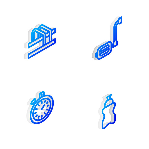 Set linea isometrica Pedale bicicletta, parcheggio, cronometro e bottiglia sportiva con icona dell'acqua. Vettore - Vettoriali, immagini