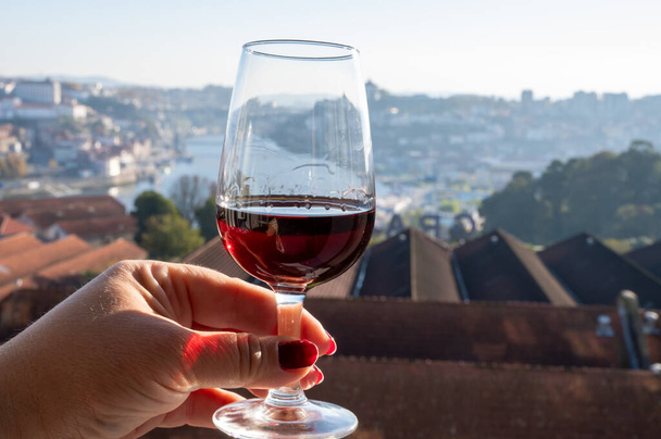 Degustación de diferentes postres fortificados de rubí, vinos de Oporto tawny en copas con vista al río Duero, albergues de Oporto de Vila Nova de Gaia y la ciudad de Oporto, Portugal, de cerca - Foto, imagen