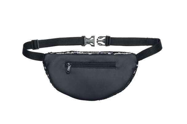 Black shiny waist bag isolated on white background. Close-up, rear view - Photo, Image