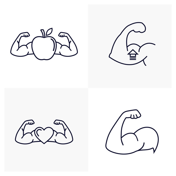 Sada vektorů svalového designu rukou, koncepce ikon fitness vybavení, symbol kreativní tělocvičny, ilustrace - Vektor, obrázek