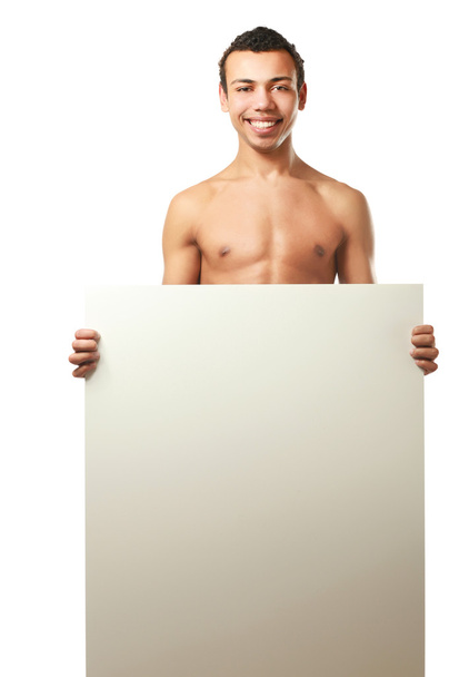 Nude  man covering with a copy space blank - Foto, Imagem