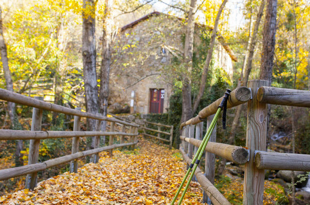 Pólos de trekking no velho moinho de água Banos de Montemayor. Outono mágico de Ambroz Valley, Extremadura, Espanha - Foto, Imagem