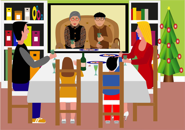 Cena de Nochebuena con abuelos vía videoconferencia - Vector, imagen