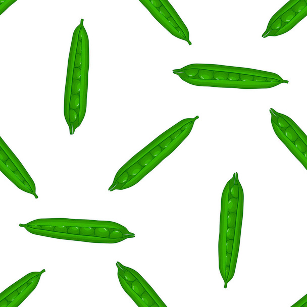 Illusztráció a téma a fényes minta zöld borsó, növényi hüvely a fóka. Növényi minta, amely gyönyörű zöld borsókból, sok könnyű hüvelyből áll. Egyszerű, színes növényi minta hüvelyes zöldborsóból. - Vektor, kép
