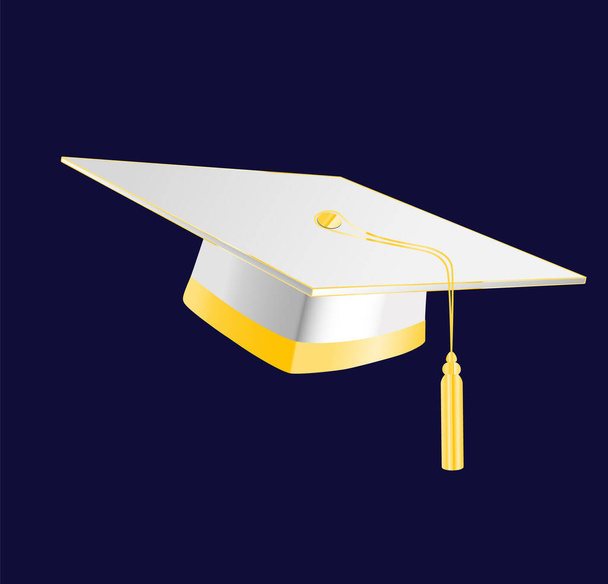 Студентські капелюхи білого кольору з золотими елементами на темному тлі. Jpeg сучасна ілюстрація шапки освіти
. - Фото, зображення