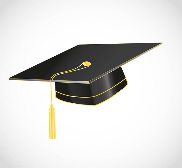 Sombrero estudiante de graduación negro. Gorra educativa con elementos dorados sobre fondo blanco. Ilustración Jpeg. - Foto, imagen