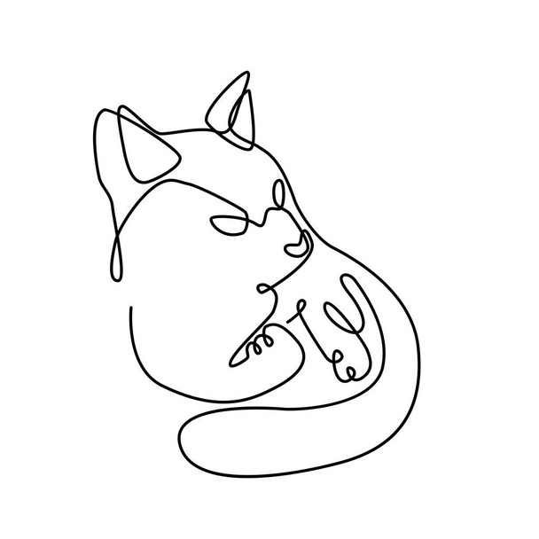 Macska felemelt fejjel fekszik az oldalán egy nyugodt helyzetben. Egy vonalas macskatervezés. Silhouette fehér háttérrel. Kézzel rajzolt. Logó. Minimalizmus stílus vektor illusztráció - Vektor, kép