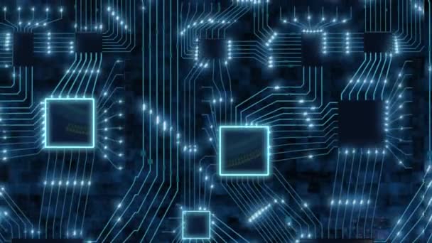 Sci-Fi digitális kék háttér, nyomtatott áramköri lap chipek és elektronikus jelek 3d teszi bináris adatok - Felvétel, videó