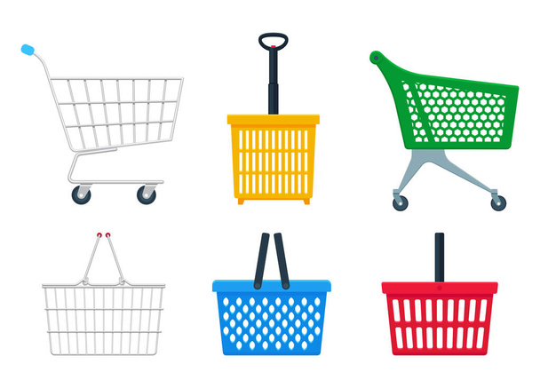 Vector collection of flat realistic illustration of side view empty supermarket shopping basket isolated. Large shopping set: chrome plated wire metal basket, plastic basket, trolley, shopping cart. - Vector, Image