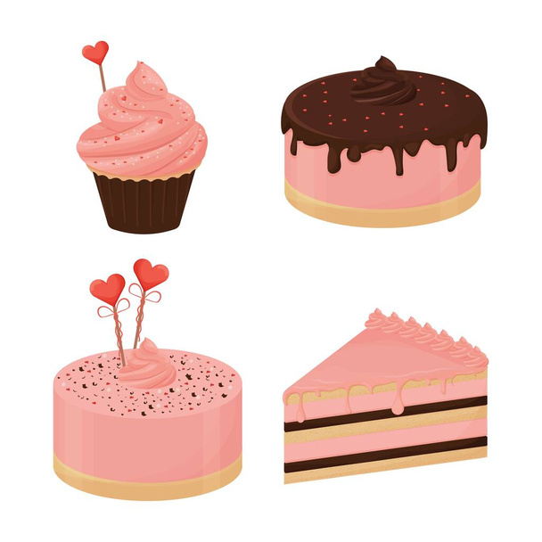 ロマンチックな機会のための詳細なカラフルなデザートのセットバレンタインデー,日付,白の背景に隔離されたピンク色の結婚式.食品、菓子の要素、コレクション. - ベクター画像
