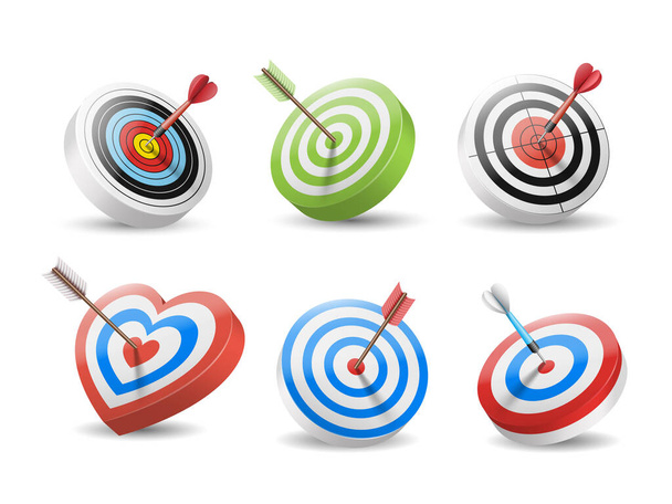 Set von Zielen und Pfeilen in Bullseye isoliert auf weißem Hintergrund - Vektor, Bild