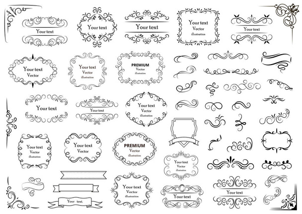 Calligraphic design elements . Decorative swirls or scrolls, vintage frames , flourishes, labels and dividers. Retro vector illustration - Vector, Image