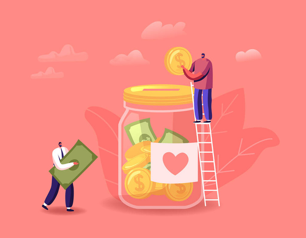 Donation, Volunteers Charity Concept. Tiny Male Characters Stand on Ladder Throw Coins and Bills into Huge Glass Jar - Vector, Image