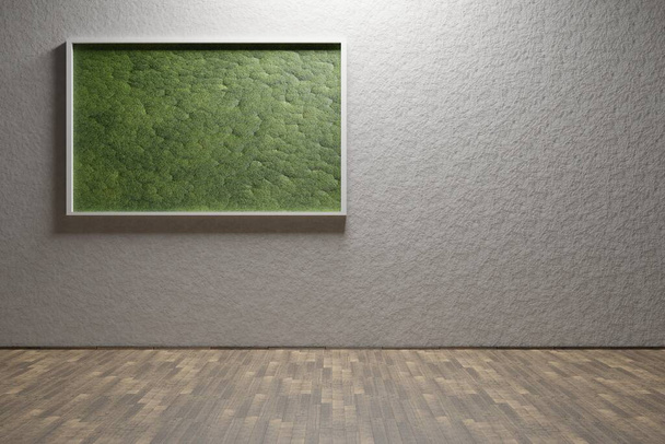 Moderno interno eco-stile con un poster verticale, muschio retroilluminato e un pavimento in legno. Vista frontale. rendering 3d - Foto, immagini