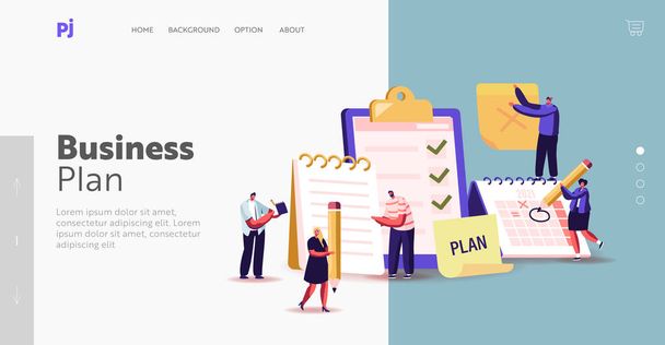 Scheduling, Planning, Inspiration Writing Landing Page Template. Business Characters Stand at Huge Clipboard or Textbook - Vector, Image