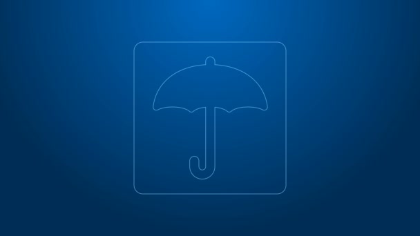 White line Umbrella icon isolated on blue background. Waterproof icon. Protection, safety, security concept. Water resistant symbol. 4K Video motion graphic animation - Footage, Video