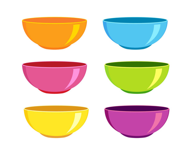 Коллекция пустых красочных чаш выделена на белом фоне. Чистая посуда на завтрак или ужин. Векторная иллюстрация - Вектор,изображение
