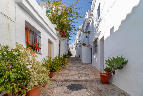 Okouzlující úzké historické uličky bílé vesnice Frigiliana v provincii Malaga, Andalusie, Španělsko - Fotografie, Obrázek