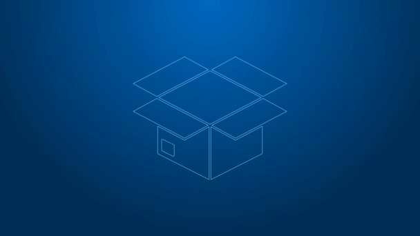 White line Carton cardboard box icon isolated on blue background. Box, package, parcel sign. Delivery and packaging. 4K Video motion graphic animation - Footage, Video