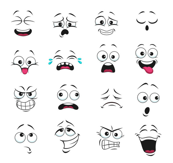 Вираз обличчя ізольовані векторні ікони, смішні мультиплікаційні емодзі нудні, плачучі і вдумливі, гномні зуби, злі, сміються і сумні. почуття обличчя, емоції засмучені, щасливі і показують язик милий набір облич
 - Вектор, зображення