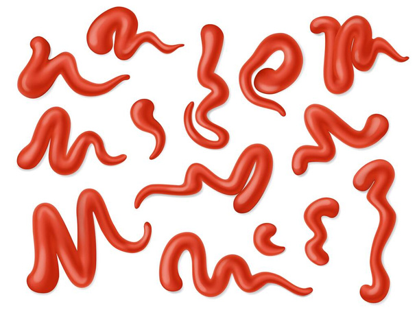 Ketchup-Sauce fleckt und spritzt, Vektor-Tomaten-rote Kleckse und Schmierereien. Isoliertes 3D-Design von Gewürzen und Gewürzen. Realistische Tropfen, Spritzer und Kleckse aus saurer Gemüsepaste und Catsup-Set - Vektor, Bild