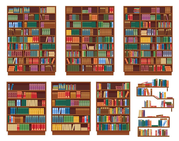 Bookcase, bookshelf with books, library shelves, vector isolated rack icons. Wooden bookcases or bookshelves, classic old library, bookstore or bookshop shelves with piles of standing books - Vector, Image
