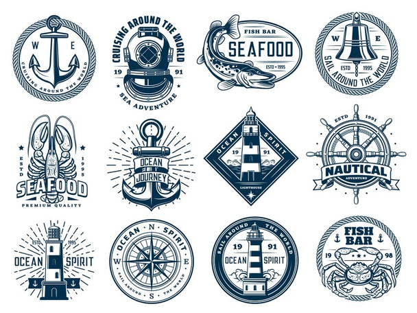 吐き気アンカー、船の舵、灯台と魚、ベクトル海洋波のアイコンやTシャツのプリント。海のセーリングナビゲーションコンパス、シーフードバーロブスターカニと海のダイビングクラブのためのレトロなaqualungサイン - ベクター画像