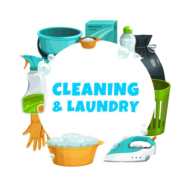 Servizio di pulizia e lavanderia, pulizia della casa e del lavaggio, detergenti vettoriali e detergenti per la casa. Servizio di pulizia domestica e lavaggio biancheria bolle di sapone, spray detergente per finestre e secchio d'acqua - Vettoriali, immagini