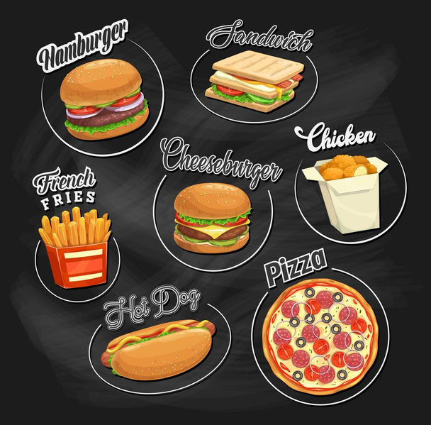 Iconos de comida rápida vector hamburguesa, sándwich o nuggets de pollo, pizza con salami, hot dog y papas fritas con hamburguesa con queso. Comida chatarra para llevar de dibujos animados emblemas aislados sobre fondo de pizarra negro - Vector, imagen