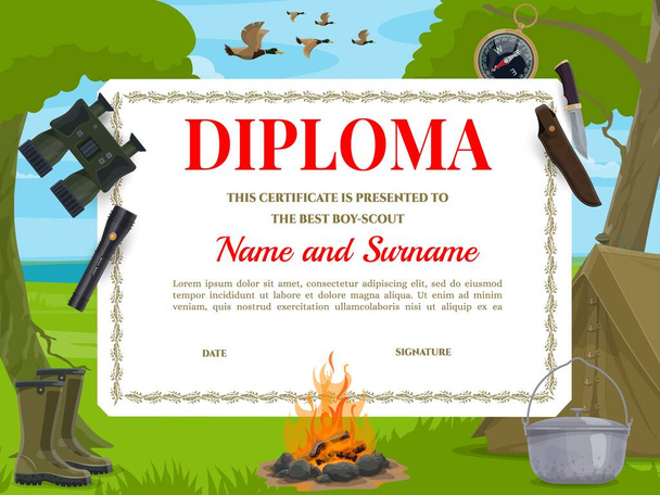 Boy scout diploma vector template. Camping equipment binoculars, tent and compass with flashlight, cooking bowl, boots and hunting knife near camp fire. Educational children certificate cartoon design - Vector, Image