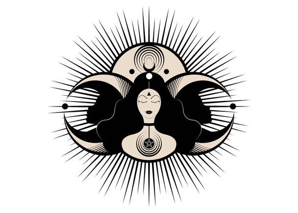 Wiccan woman icon, Triple goddess symbol of moon phases. Hekate, mythology, Wicca, witchcraft. Triple Moon Religious Wiccan sign. Logo Neopaganism symbol. Crescent, half and full moon, vector isolated on white background  - Vector, Image