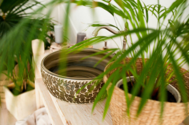 ronde donkere ongewone stenen wastafel op een houten aanrecht en herbruikbare organische bad accessoires en veel levende groene planten, selectieve focus - Foto, afbeelding