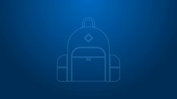 Bílá čára Turistika batoh ikona izolované na modrém pozadí. Táboření a poznávání hor batohem. Grafická animace pohybu videa 4K - Záběry, video
