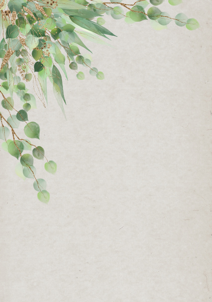 淡い葉-垂直植物のデザインバナー。花のパステル水彩と金色の枠. - 写真・画像