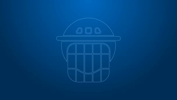 Witte lijn Hockey helm pictogram geïsoleerd op blauwe achtergrond. 4K Video motion grafische animatie - Video