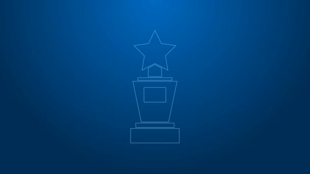 White Line Award cup kuvaketta eristetty sinisellä pohjalla. Voittajan palkintosymboli. Mestaruus tai kilpailu pokaali. Urheilun saavutus merkki. 4K Video motion graafinen animaatio - Materiaali, video