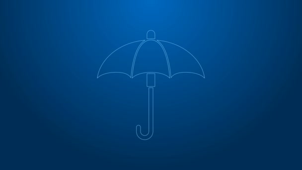 Ligne blanche Classique élégant ouvert icône parapluie isolé sur fond bleu. Symbole de protection pluie. Animation graphique de mouvement vidéo 4K - Séquence, vidéo