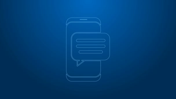 Біла лінія Нове сповіщення про балачки на піктограмі телефону ізольовано на синьому фоні. Смартфон спілкується смс-повідомленнями бульбашки мовлення. 4K Відео рух графічна анімація
 - Кадри, відео