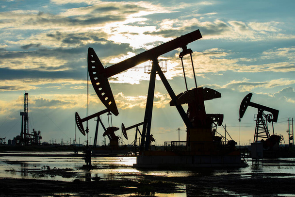 Oil field site, in the evening, oil pumps are running - Photo, Image