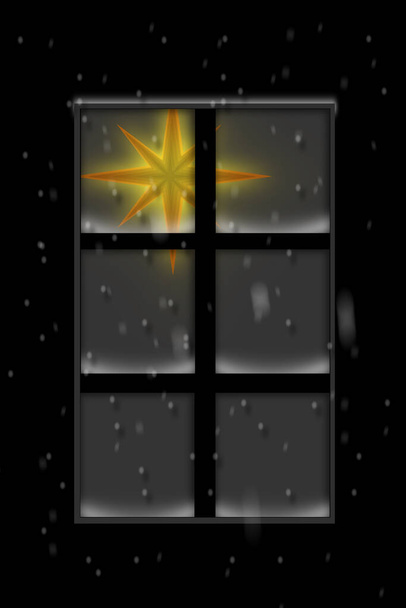 Finestra con stella illuminata nella notte innevata, vista dall'esterno. Illustrazione - Foto, immagini