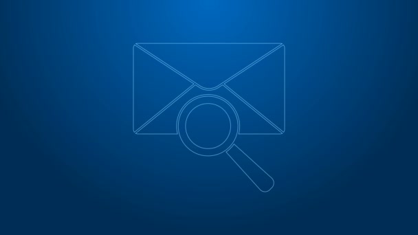 Linha branca Envelope mail com ícone de lupa isolada no fundo azul. Animação gráfica em movimento de vídeo 4K - Filmagem, Vídeo