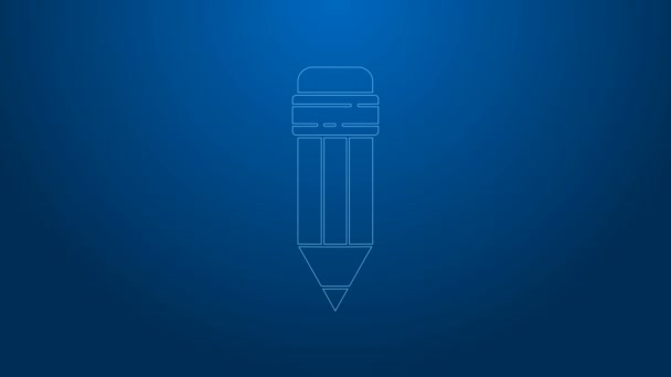 Bílá čára Tužka s gumovou ikonou izolované na modrém pozadí. Kreslicí a vzdělávací nástroje. Symbol školního úřadu. Grafická animace pohybu videa 4K - Záběry, video