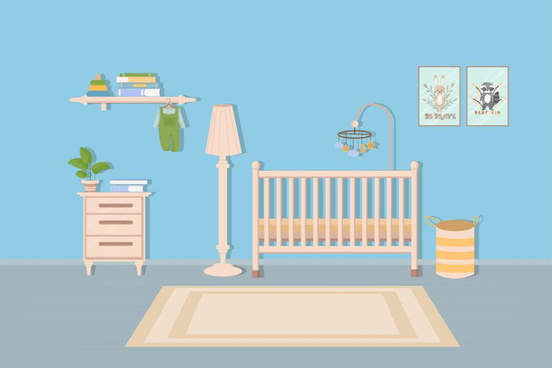 Babyzimmer, Schlafzimmereinrichtung mit Möbeln, komfortables, nettes Design. Indoor-Komposition. Haus mit Wiege, Regal, Lampe. - Vektor, Bild