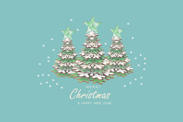 Christmas card. Xmas Festive composition with Christmas tree, decorative items. New Year decoration elements. Creative holiday invitation template.. - Photo, Image