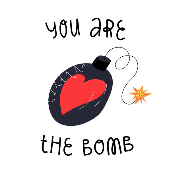 Sevgililer Günü kartı tasarımı. Sen bombanın harfleri, yanan ve üzerinde kalp olan bir bomba gibisin..  - Vektör, Görsel