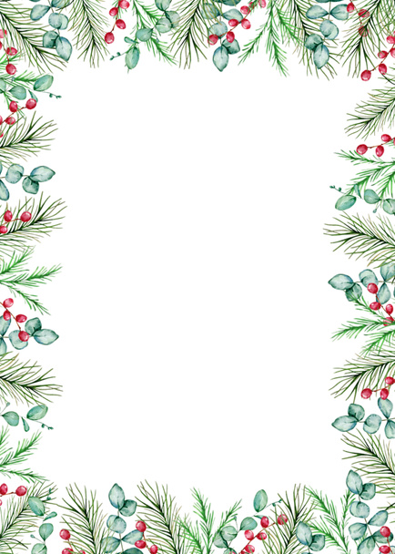 冬のトウヒや松の枝、果実やユーカリの枝と水彩クリスマス長方形のフレーム。グリーティングカード、フレームのための新年のイラストをデザイン - 写真・画像