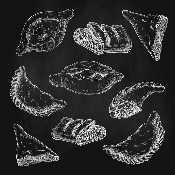 drawn puff pastries sketch set isolated. baking, pastries with cheese or meat stuffing. turnovers, khachapuri, burekas, empfans, egg boat pie, triangle buns. vintage style. traditional fried pastry. - Vector, Image