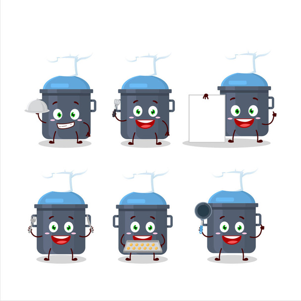 Cartoon character of blue kitchen pan with various chef emoticons. Vector illustration - ベクター画像